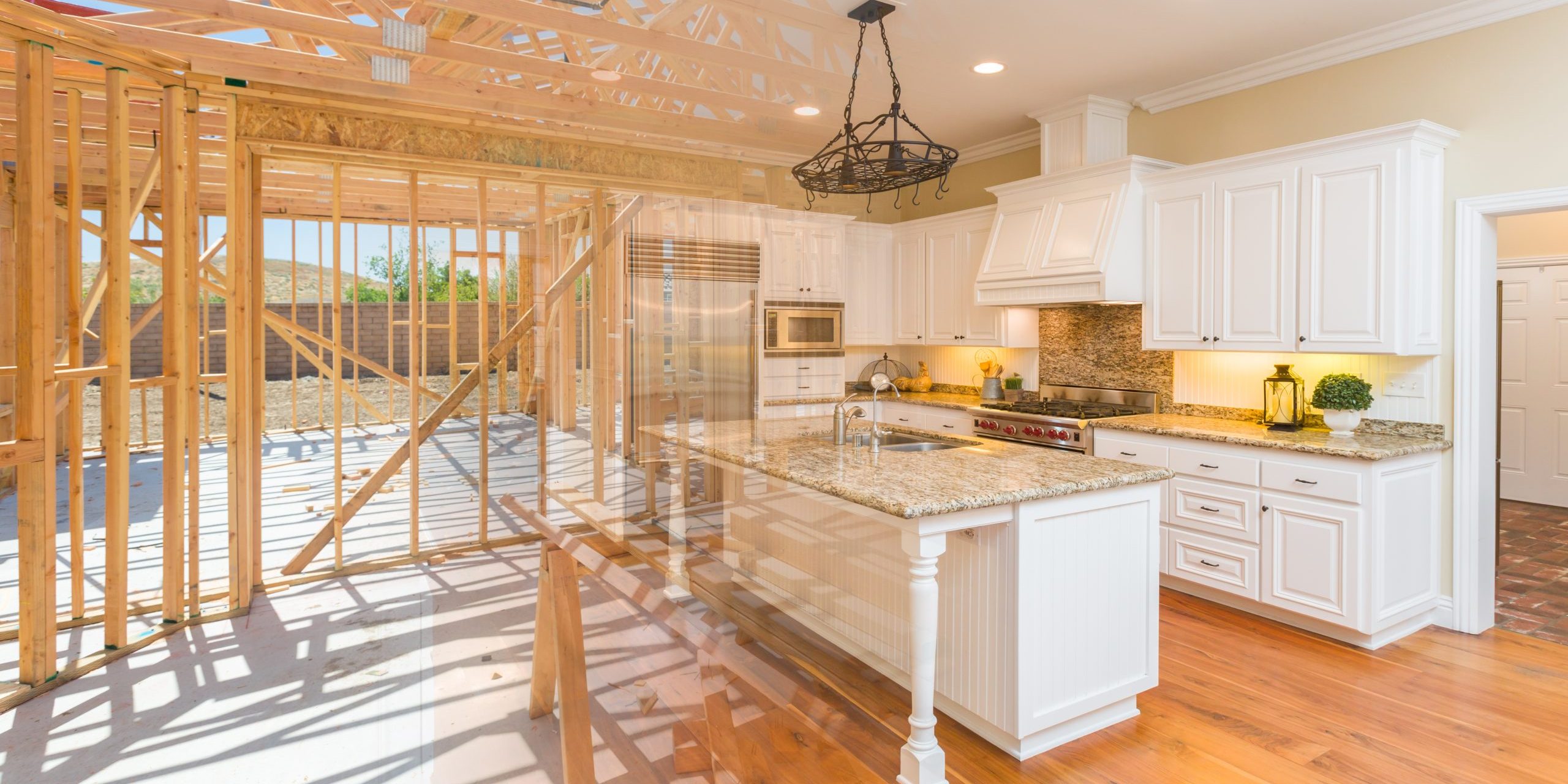 House Construction Framing Gradating Into Finished Kitchen Build. House Construction Framing Gradating Into Finished Kitchen Build.