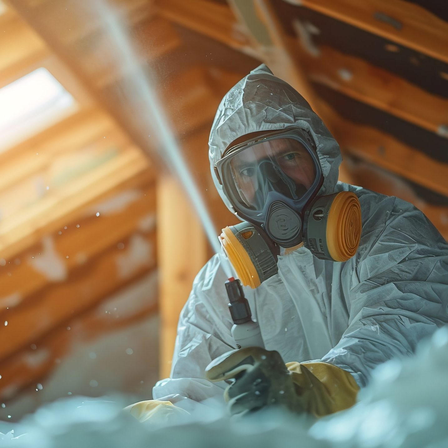 Man deploying foam insulation in the attic whilst adorning white safety clothing and space, Generative AI.